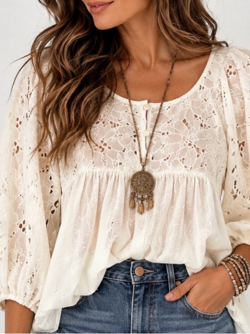 Flying Tomato Ivory Eyelet Lace Peasant Blouse